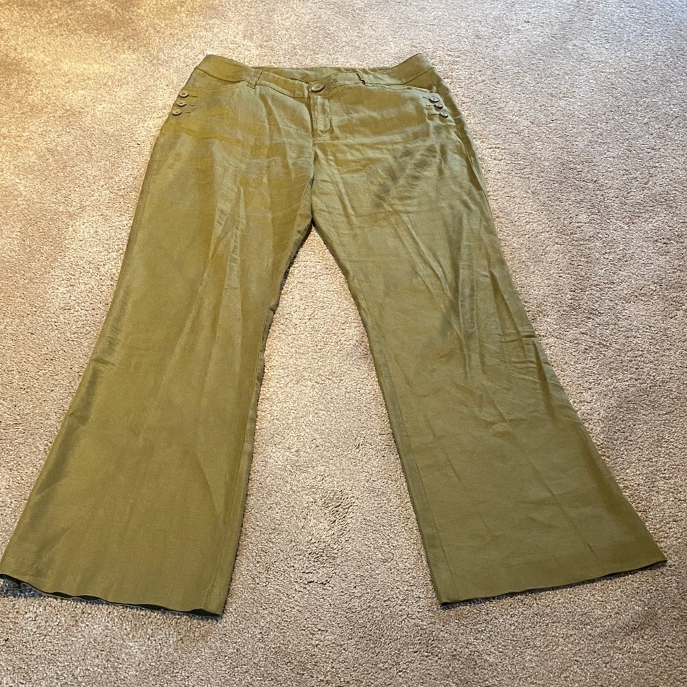 Cabi Linen Iridescent Olive Green Sailor Button Detail Wide Leg Pants Size 10